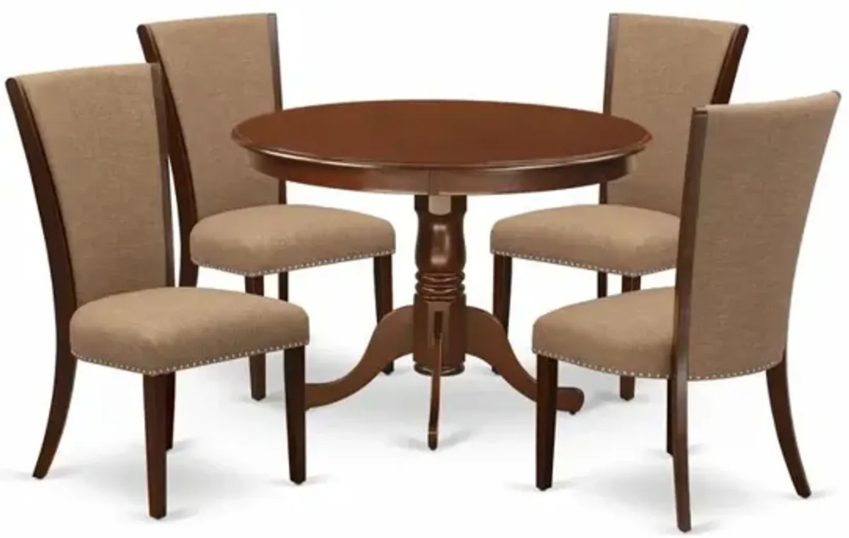East-West Furniture HLVE5-MAH-47 - A dining room table set of 4 great dining chairs using Linen Fabric Light Sable color and a fantastic 42-Inch Round wooden table with Mahogany Finish