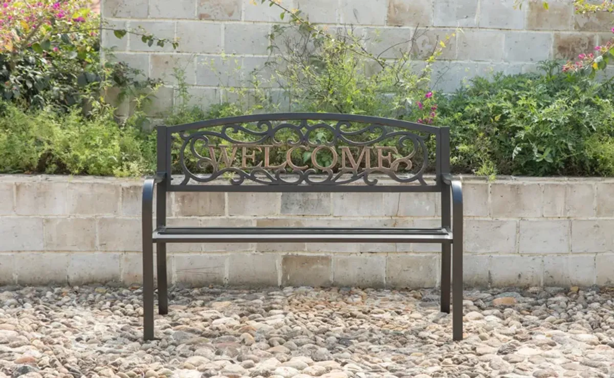 Steel Outdoor Patio Garden Park Seating Bench with Cast Iron Welcome Backrest, Front Porch Yard Bench Lawn Decor