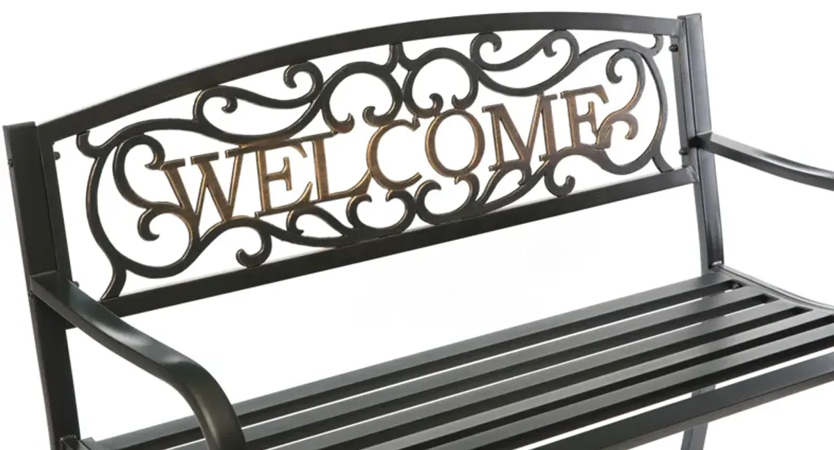 Steel Outdoor Patio Garden Park Seating Bench with Cast Iron Welcome Backrest, Front Porch Yard Bench Lawn Decor