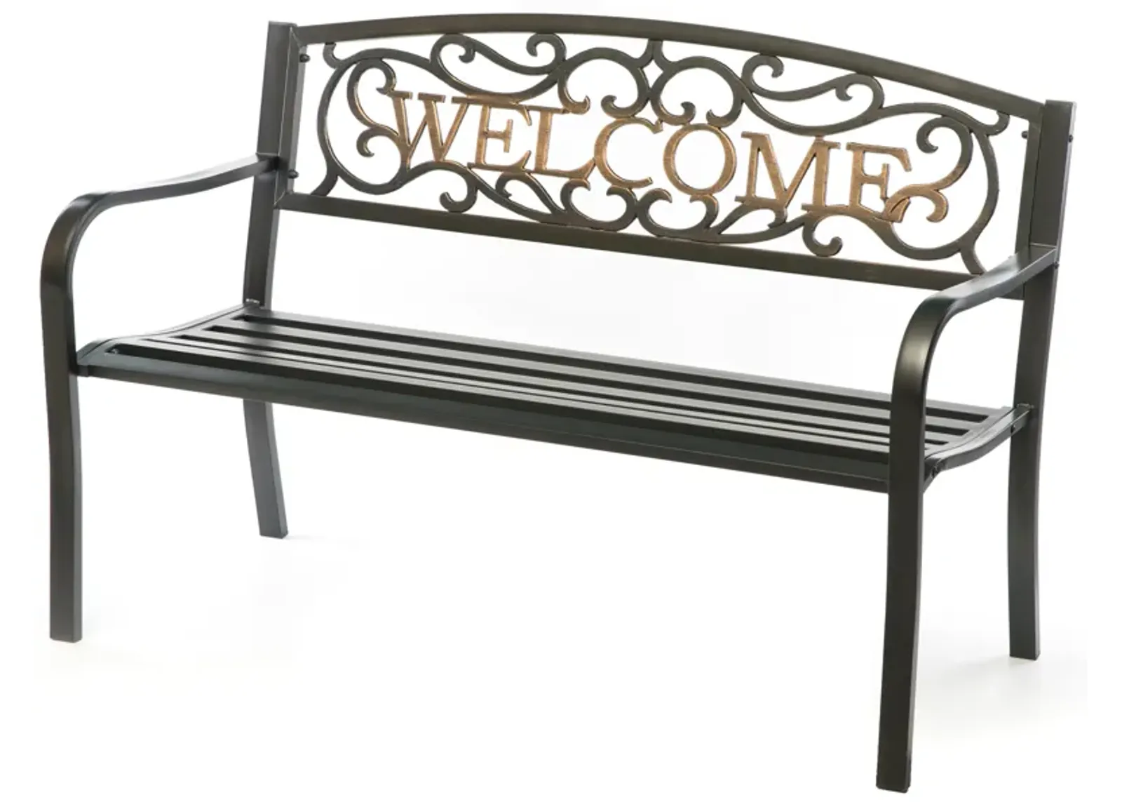 Steel Outdoor Patio Garden Park Seating Bench with Cast Iron Welcome Backrest, Front Porch Yard Bench Lawn Decor