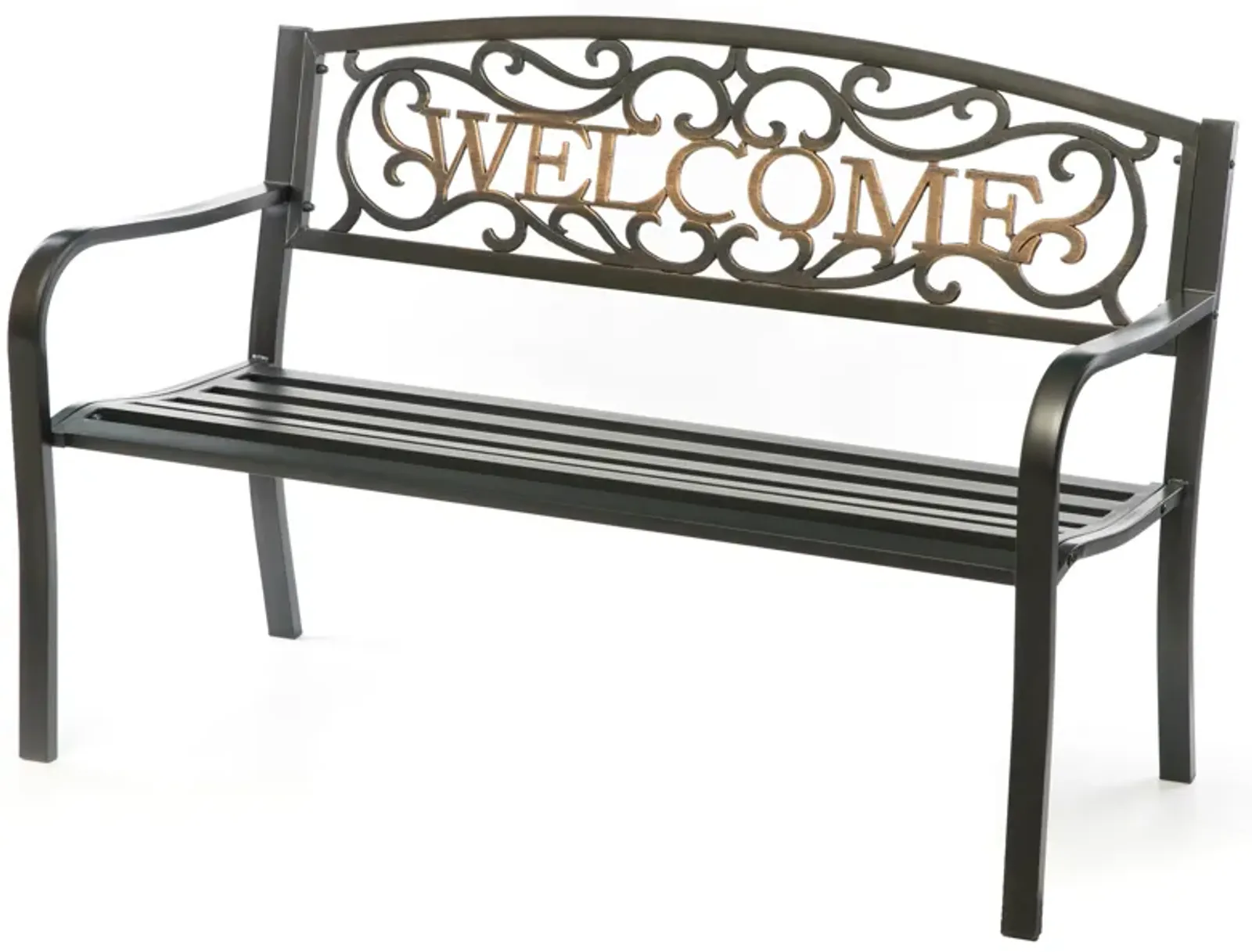 Steel Outdoor Patio Garden Park Seating Bench with Cast Iron Welcome Backrest, Front Porch Yard Bench Lawn Decor