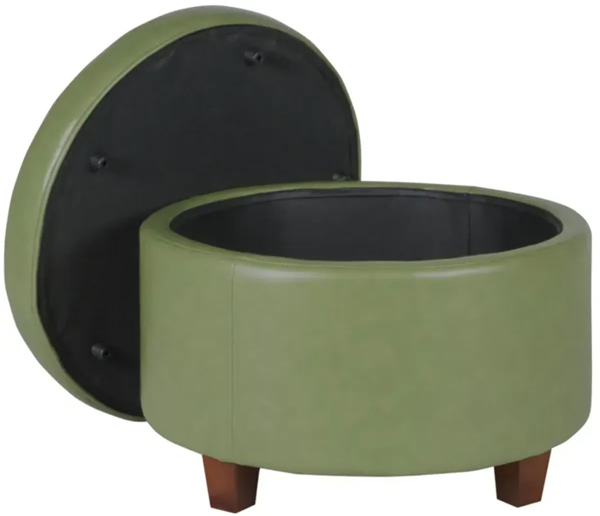 Leatherette Upholstered Wooden Ottoman with Single Button Tufted Lift Top Storage, Green, Large - Benzara