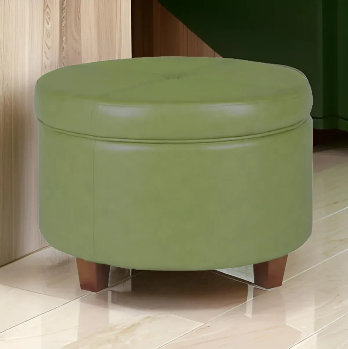 Leatherette Upholstered Wooden Ottoman with Single Button Tufted Lift Top Storage, Green, Large - Benzara