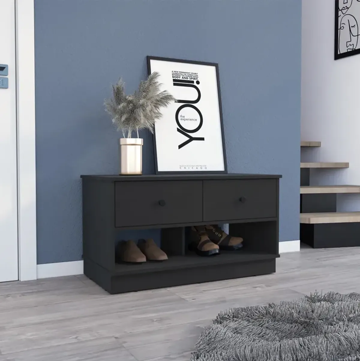 Willamette Rectangle 2-Shelf 2-Drawer Storage Bench Black Wengue