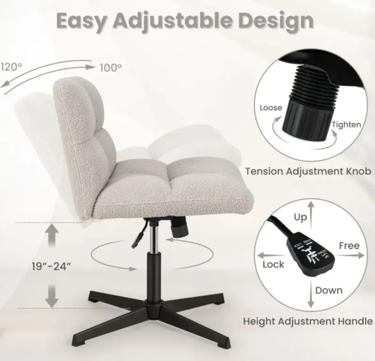 Hivvago Office Armless Chair Cross Legged with Imitation Lamb Fleece and Adjustable Height