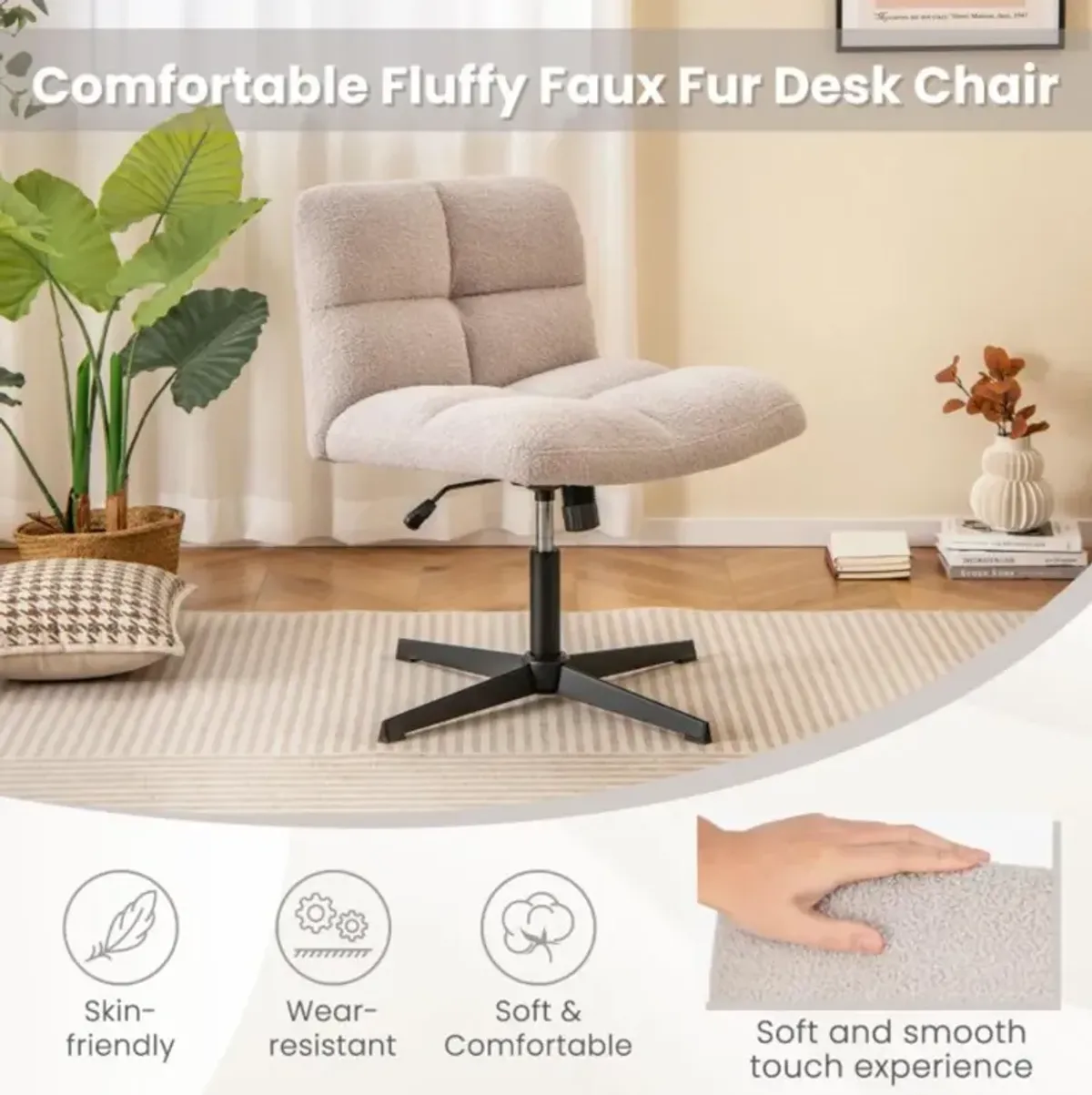 Hivvago Office Armless Chair Cross Legged with Imitation Lamb Fleece and Adjustable Height