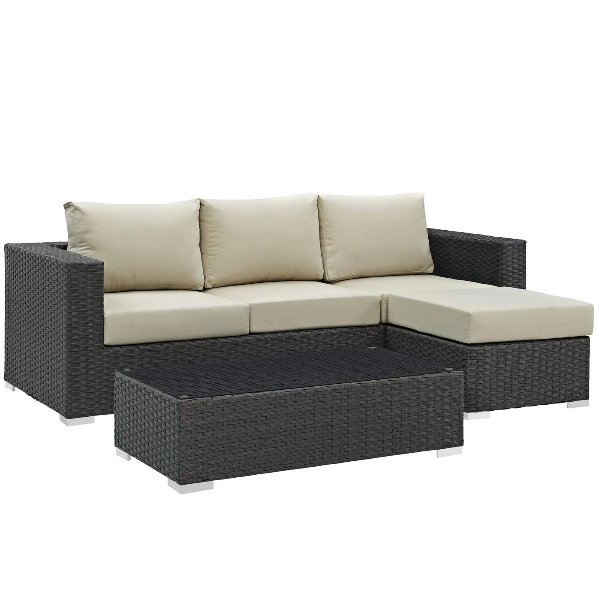 Sojourn Outdoor Patio Furniture Set - Sunbrella Cushions, Synthetic Rattan, UV Protection, Aluminum Frame - Includes Coffee Table, Ottoman, Sofa