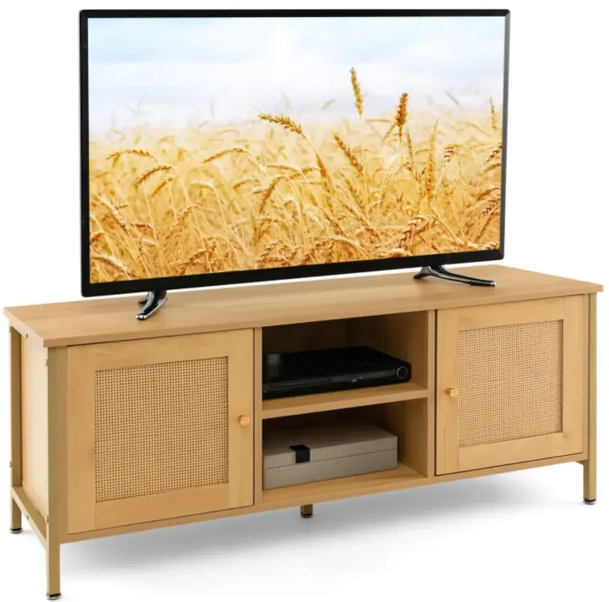 Hivvago Boho TV Stand for TV up to 55 Inches with Faux Rattan Door