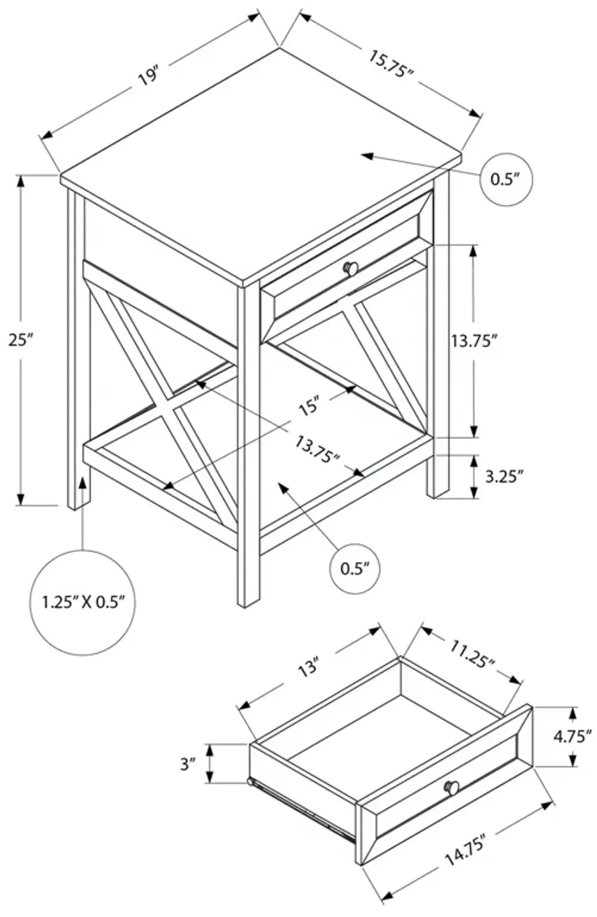 Monarch Specialties I 3985 - Accent Table, End, Side Table, 2 Tier, Bedroom, Nightstand, Lamp, Storage Drawer, Transitional