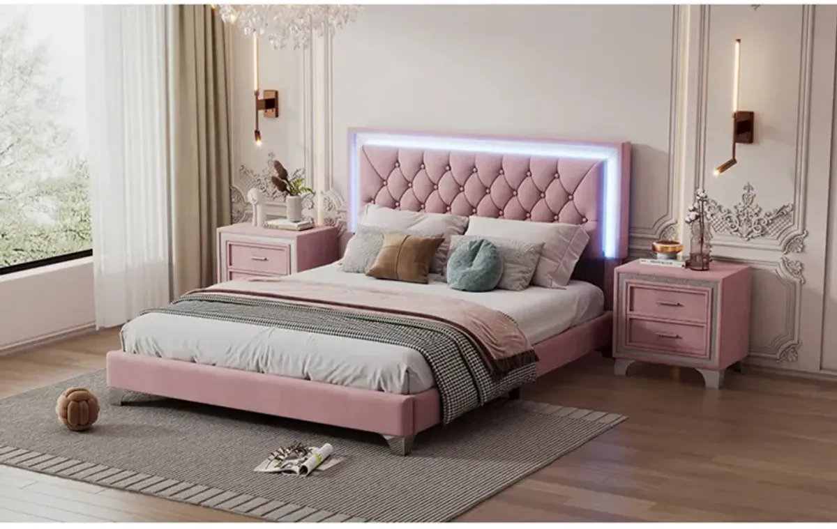 LED Queen Bed Frame, Pink Velvet, Modern