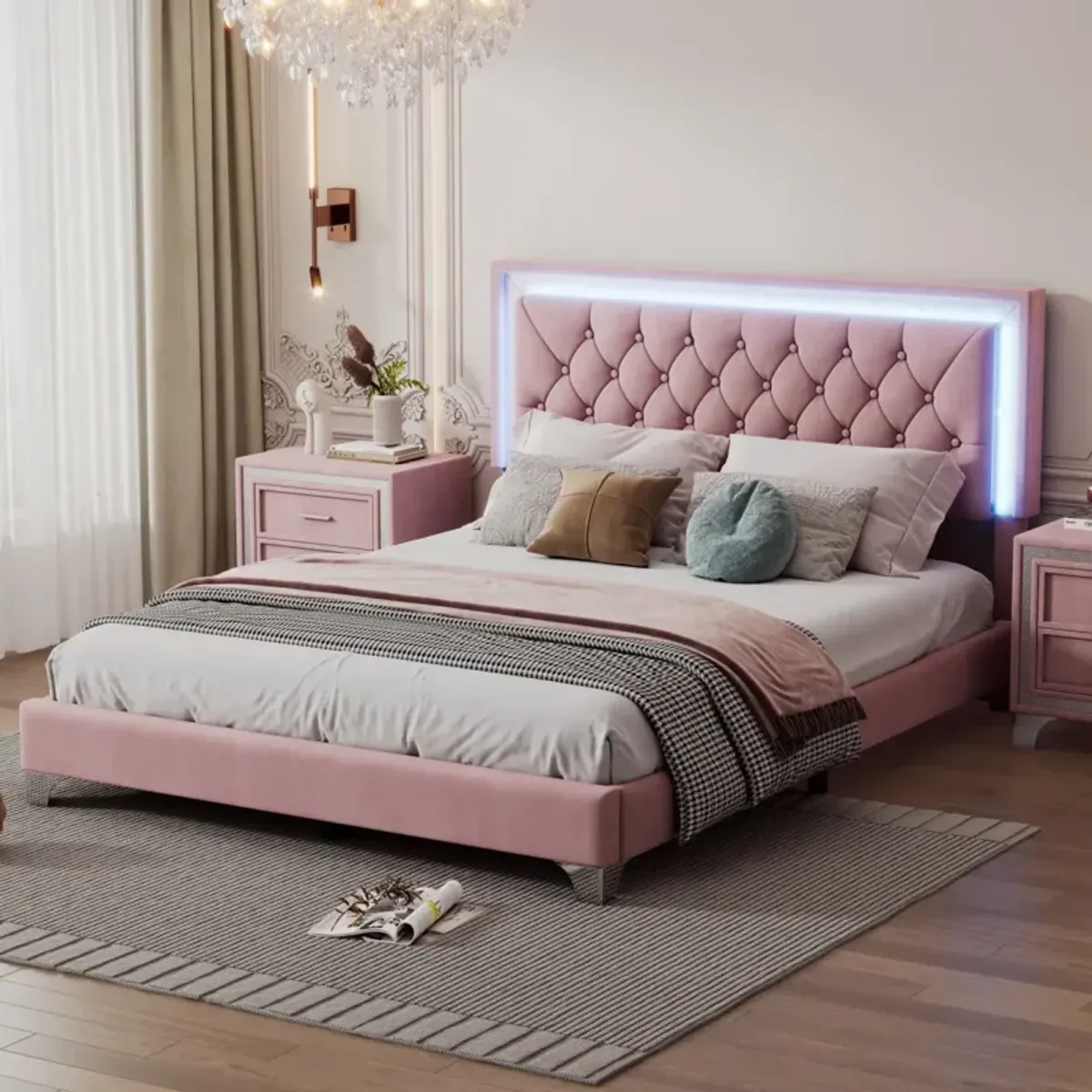 LED Queen Bed Frame, Pink Velvet, Modern