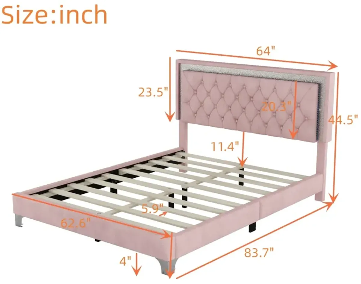 LED Queen Bed Frame, Pink Velvet, Modern