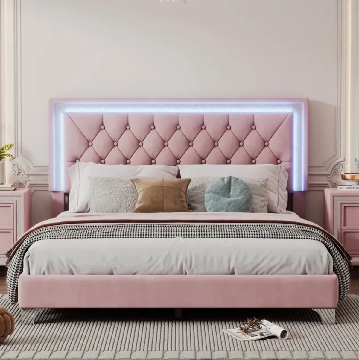 LED Queen Bed Frame, Pink Velvet, Modern