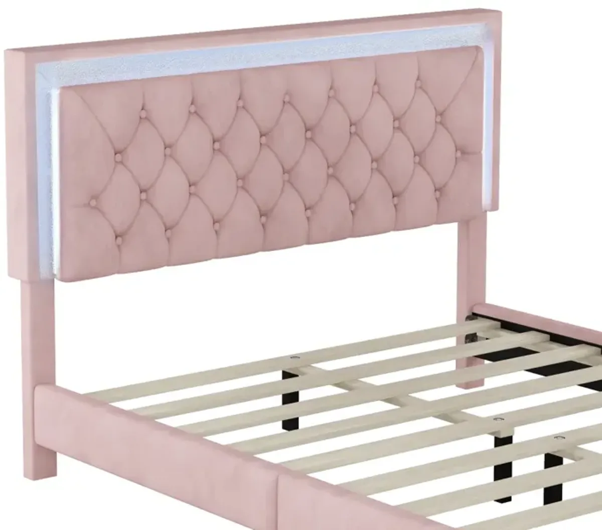 LED Queen Bed Frame, Pink Velvet, Modern