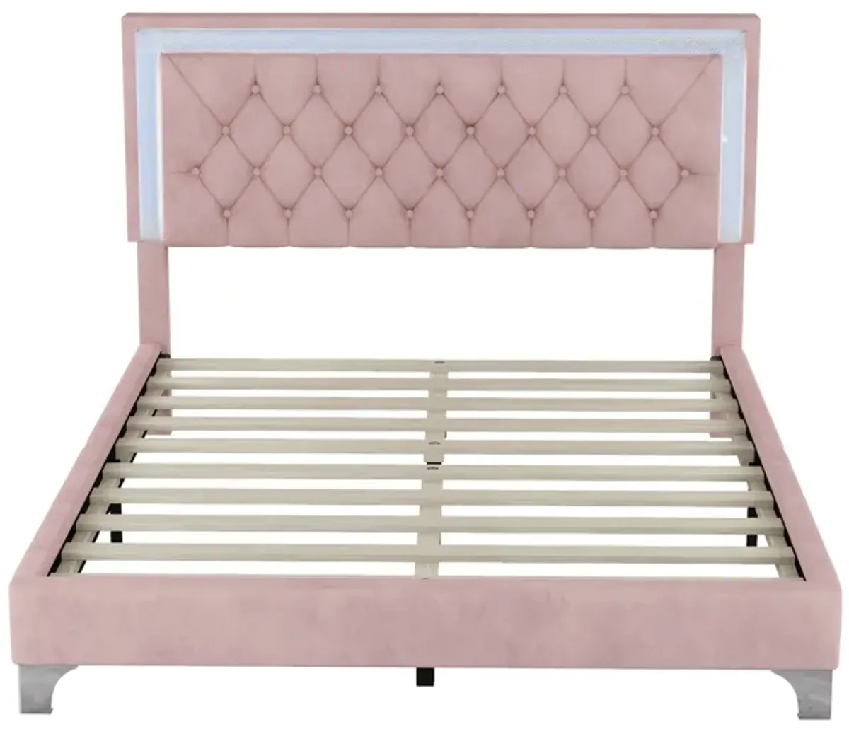 LED Queen Bed Frame, Pink Velvet, Modern