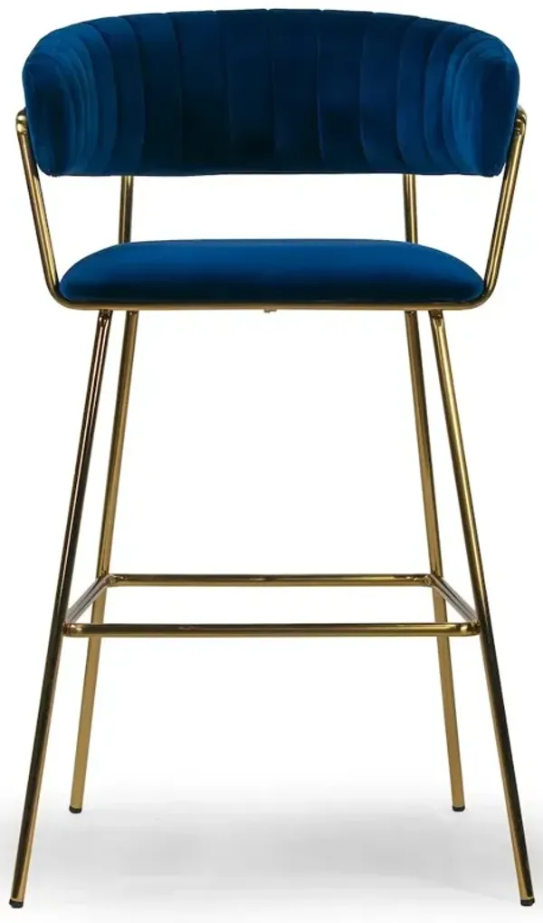 Glamour Home Set of 2 Anya Blue Velvet Bar Stool with Golden Metal Legs