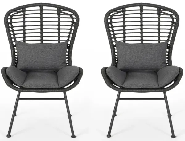 Outdoor Round Accent Chair Set of 2, Gray Faux Rattan, Black Iron - Benzara
