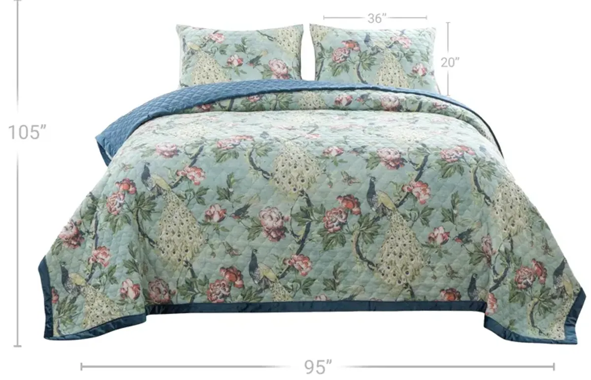 Eden 3 Piece King Quilt Set, Peacock Print, Green Microfiber - Benzara