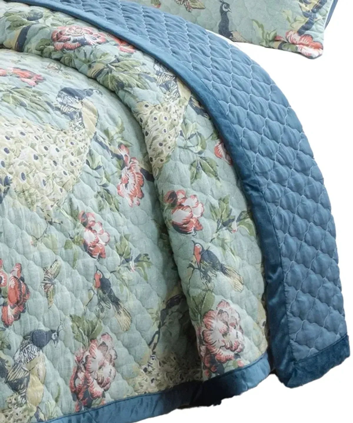 Eden 3 Piece King Quilt Set, Peacock Print, Green Microfiber - Benzara