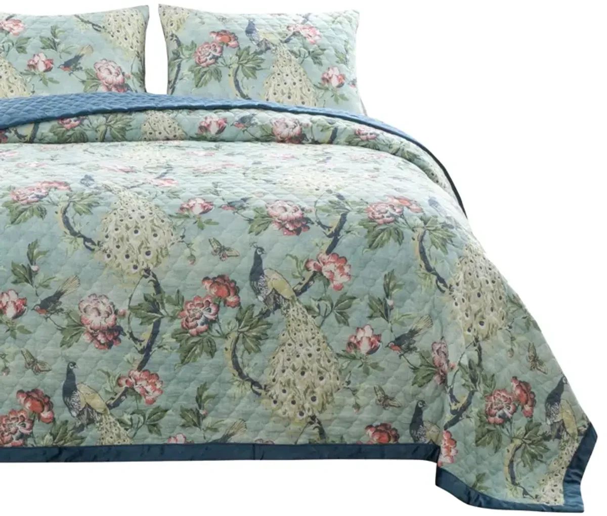 Eden 3 Piece King Quilt Set, Peacock Print, Green Microfiber - Benzara