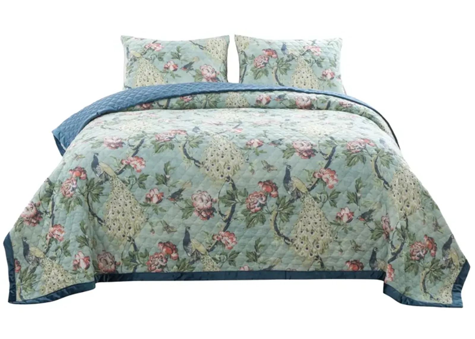 Eden 3 Piece King Quilt Set, Peacock Print, Green Microfiber - Benzara