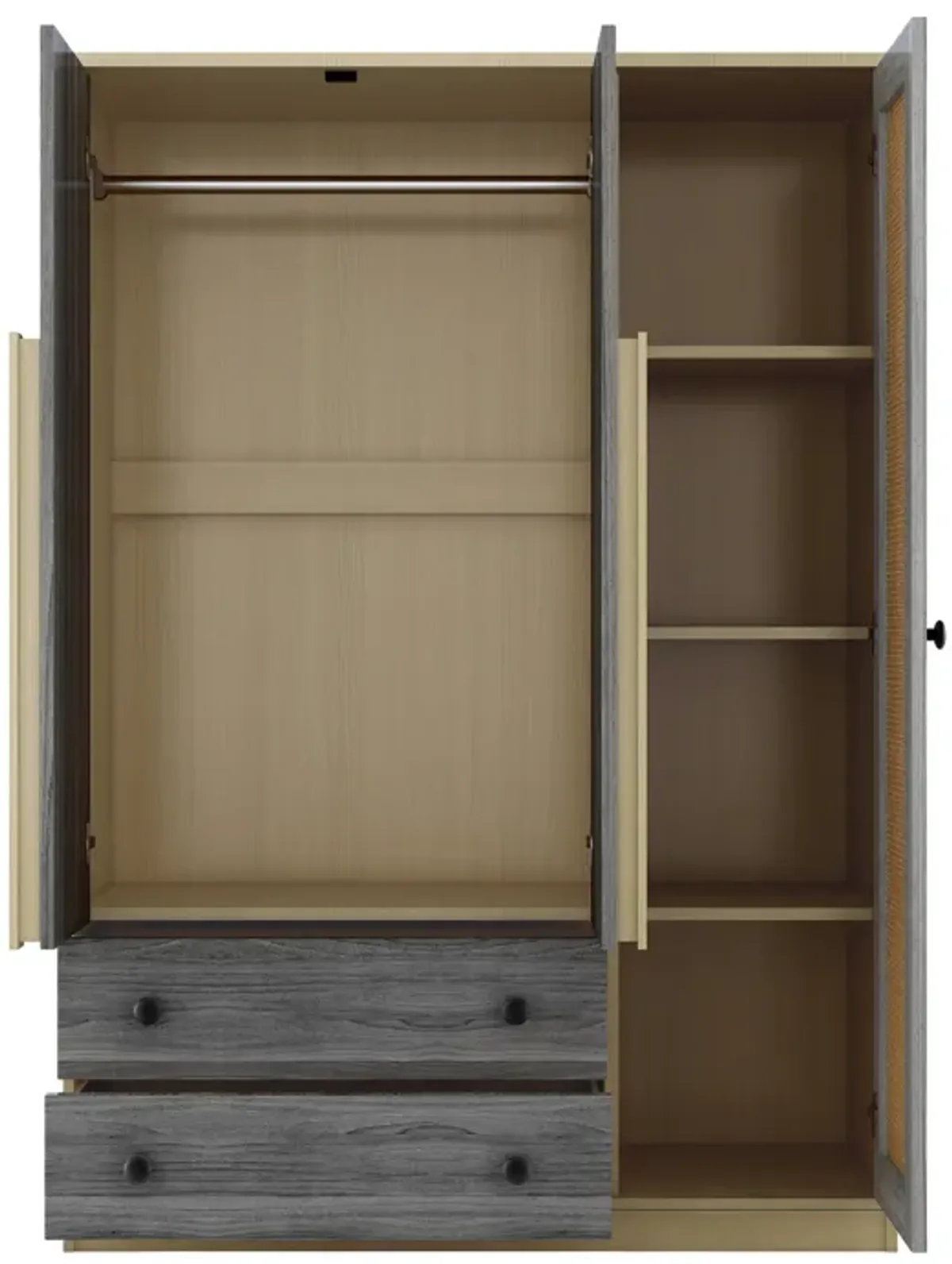 Merax 3-Doors Wooden Rattan Wardrobe with 2 Drawers