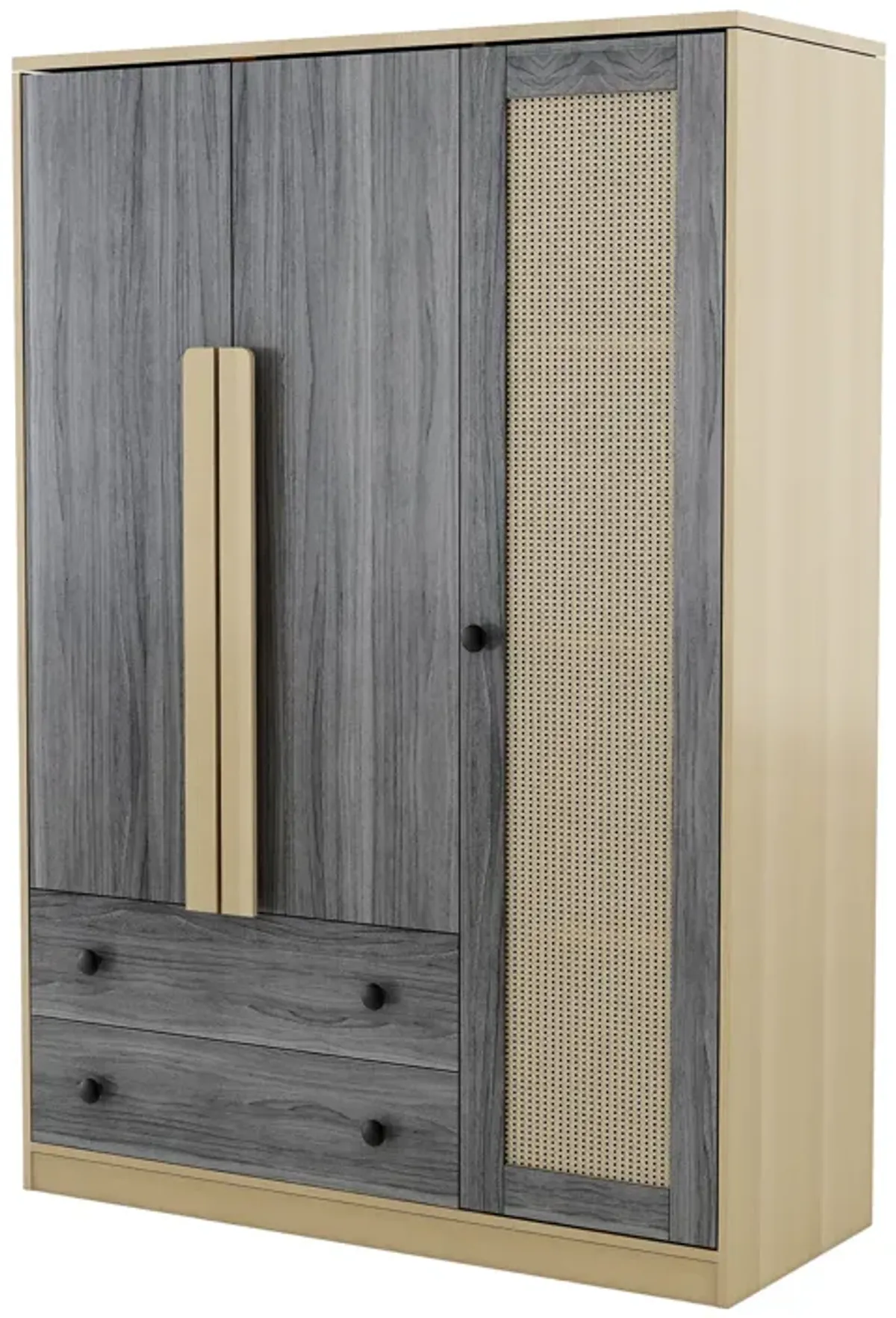 Merax 3-Doors Wooden Rattan Wardrobe with 2 Drawers