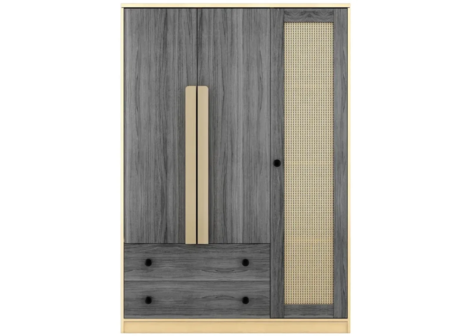 Merax 3-Doors Wooden Rattan Wardrobe with 2 Drawers