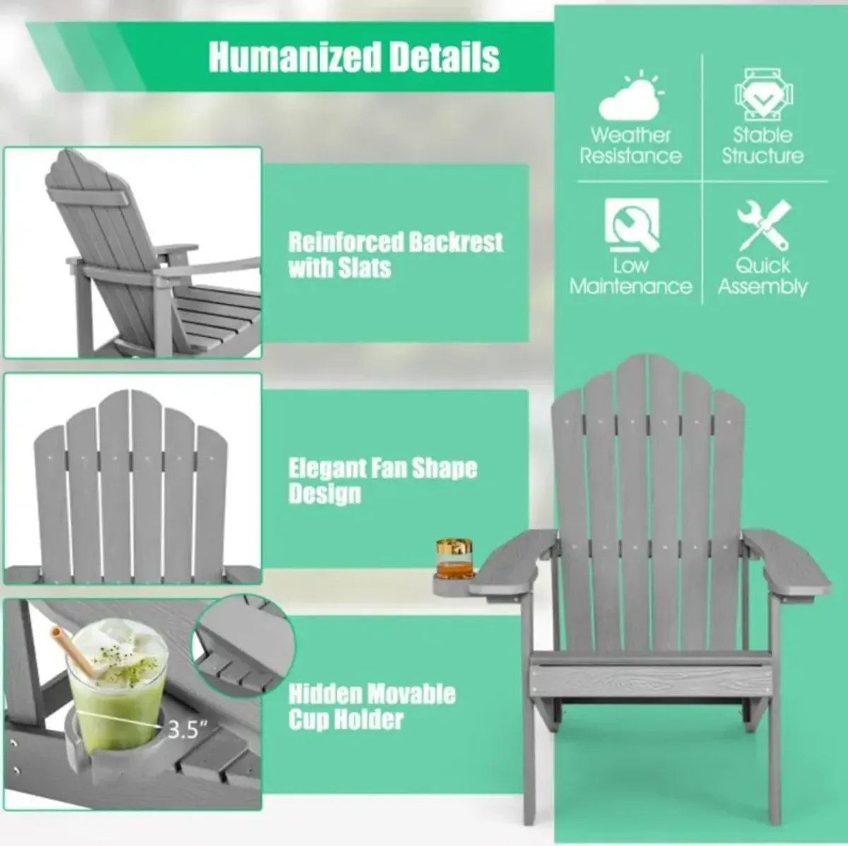 Hivvago Weather Resistant HIPS Outdoor Adirondack Chair with Cup Holder