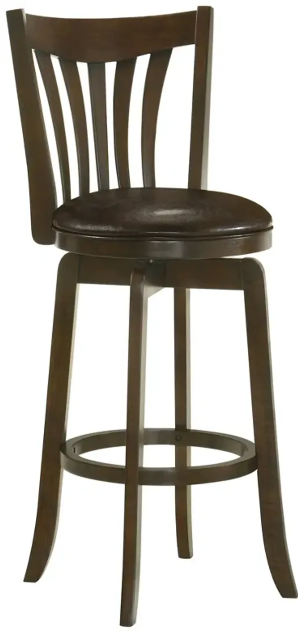 Ethan Swivel Barstool Chair, Dark Brown Faux Leather, Slatted Back Hardwood - Benzara