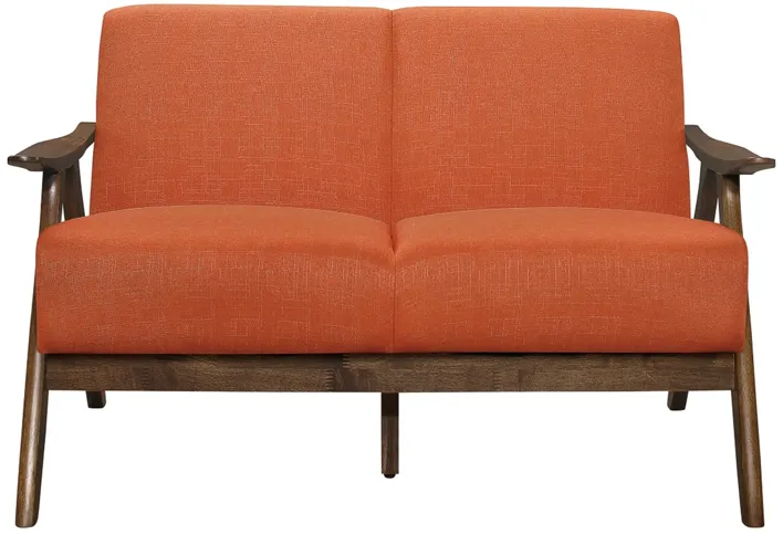 Indy 51 Inch Loveseat, Brown Wood Angled Frame, Textured Orange Fabric - Benzara