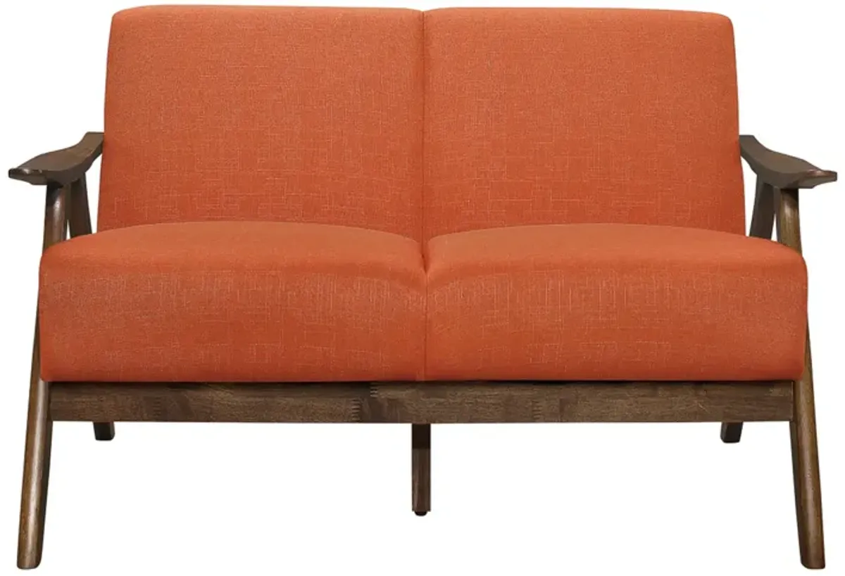 Indy 51 Inch Loveseat, Brown Wood Angled Frame, Textured Orange Fabric - Benzara