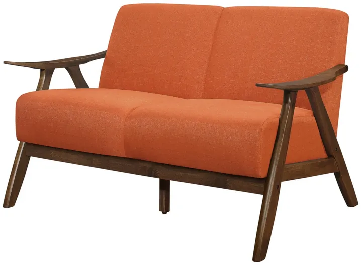 Indy 51 Inch Loveseat, Brown Wood Angled Frame, Textured Orange Fabric - Benzara