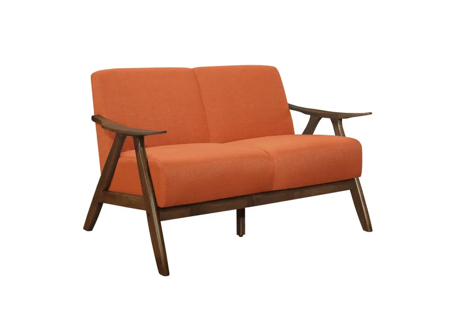 Indy 51 Inch Loveseat, Brown Wood Angled Frame, Textured Orange Fabric - Benzara