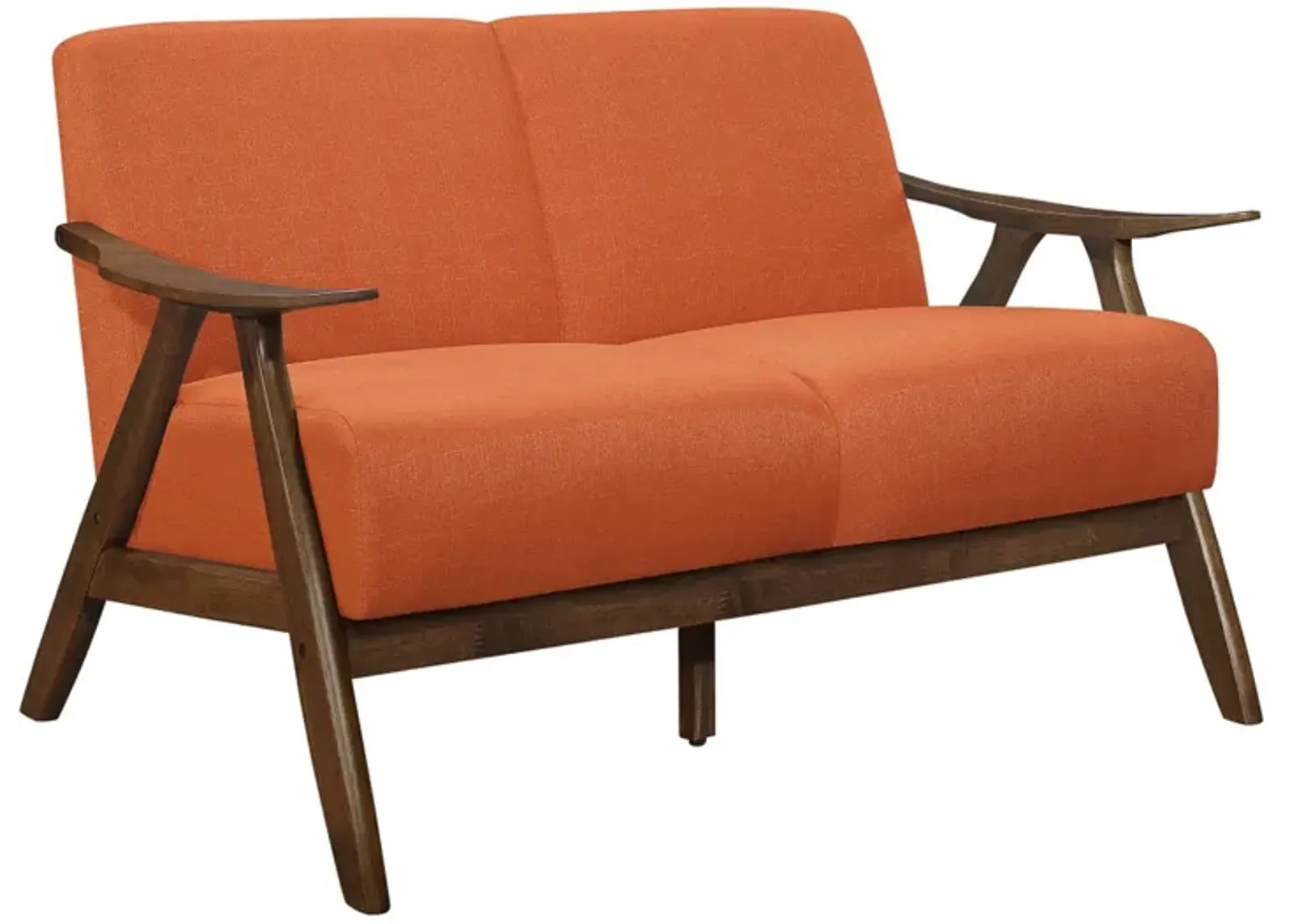 Indy 51 Inch Loveseat, Brown Wood Angled Frame, Textured Orange Fabric - Benzara