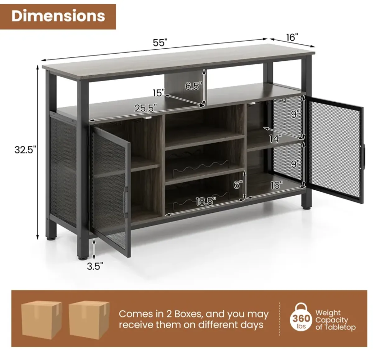 55-Inch Buffet Sideboard with 8-Bottle Wine Racks and Wine Glass Holders