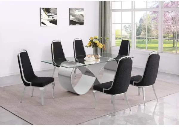 Best Quality Furniture 7Pc Tempered Glass Dining Set With 6 Black Boucle Side Chairs And A Silver Base