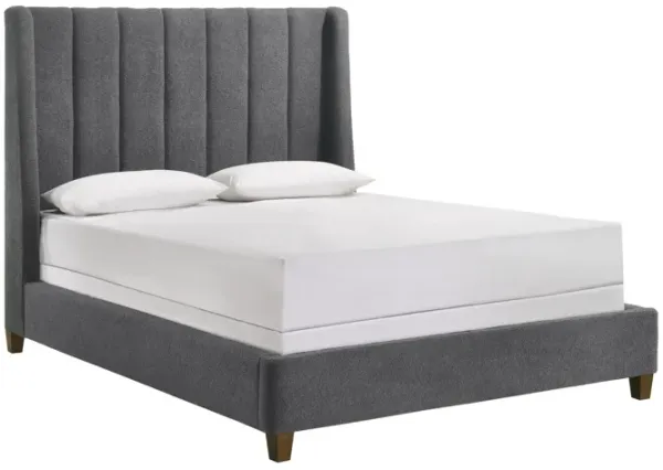 Aegis Queen Size Bed, Wingback, Channel Tufted, Charcoal Gray Upholstery - Benzara