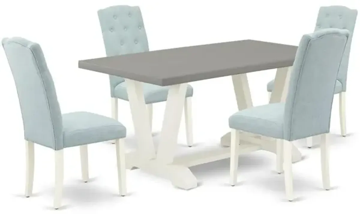 East West Furniture 5-Piece Dining Room Table Set- 4 Parson Dining Room Chairs with Baby Blue Linen Fabric Seat and Button Tufted Chair Back - Rectangular Table Top & Wooden Legs - Cement and Linen Wh