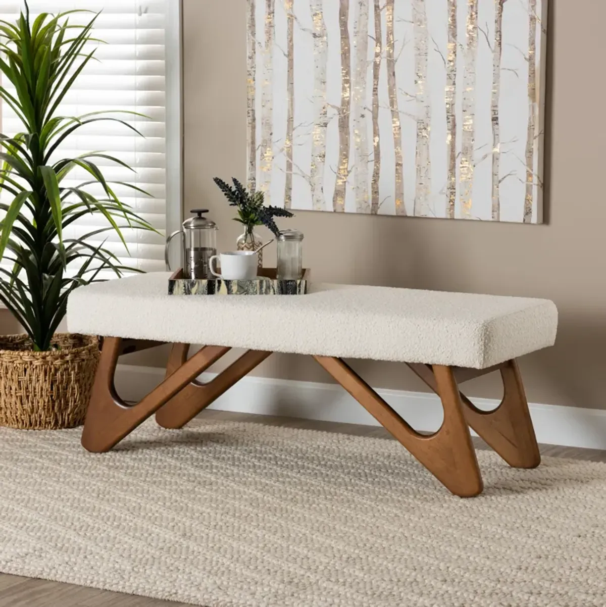 Baxton Studio Rika Japandi Cream Boucle Fabric and Walnut Brown Finished Wood Bench