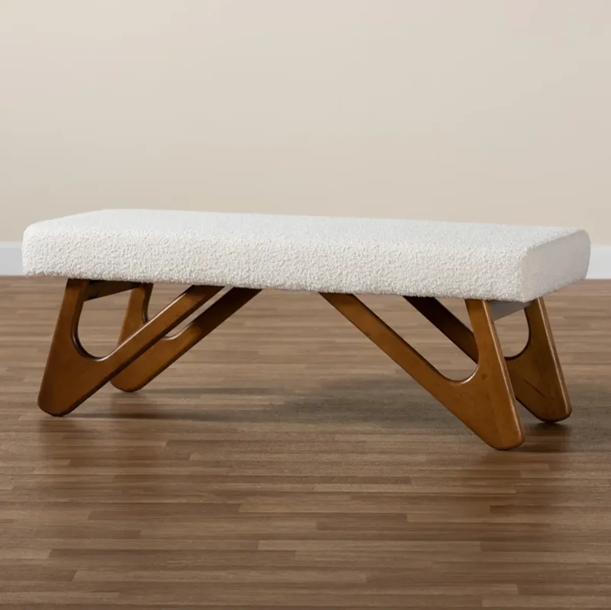 Baxton Studio Rika Japandi Cream Boucle Fabric and Walnut Brown Finished Wood Bench