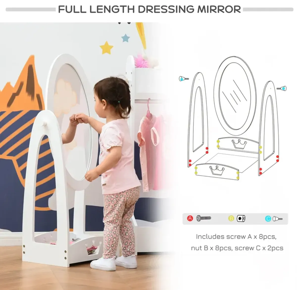 White Kids' Mirror: Full-Length Standing with Storage and Rotation