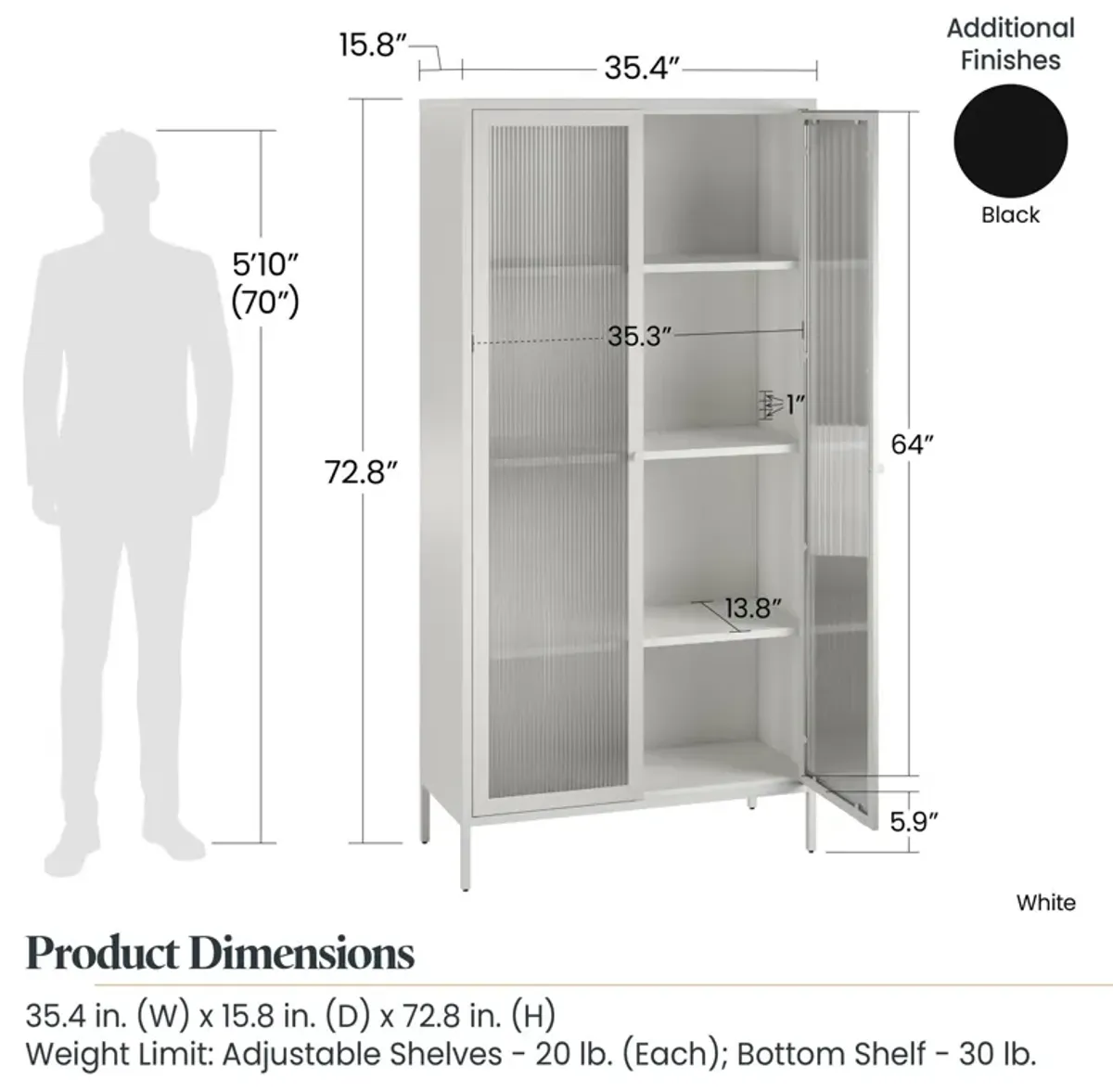 Shadwick Tall 2 Door Storage Cabinet-Fluted Glass Metal Locker