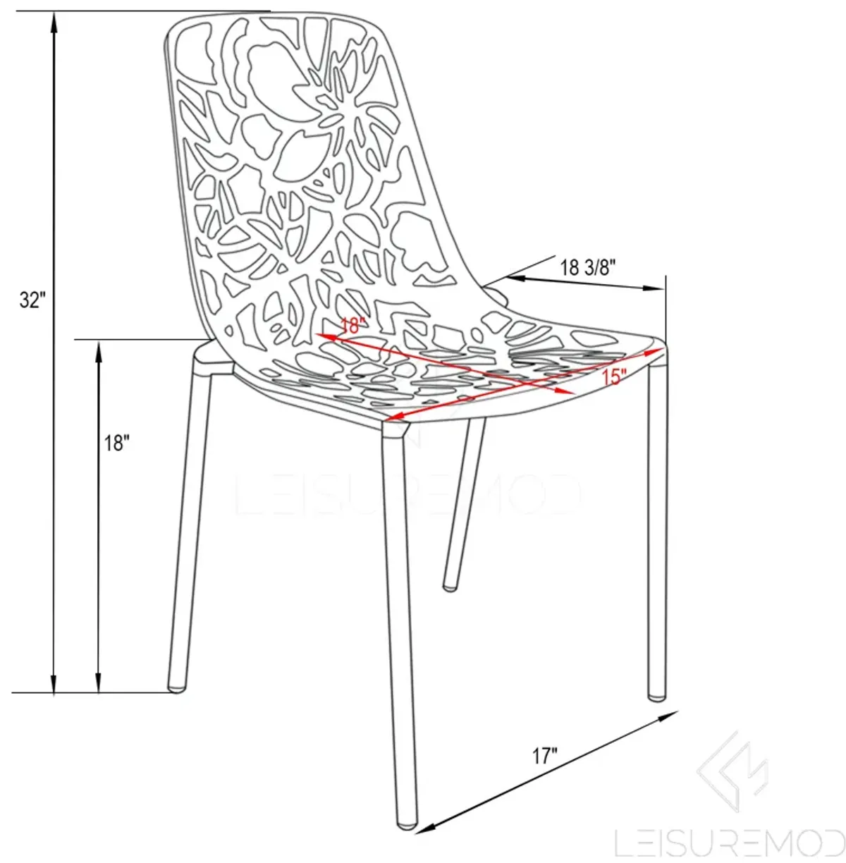 LeisureMod Devon Modern Aluminum Outdoor Dining Chair set of 2 in Red