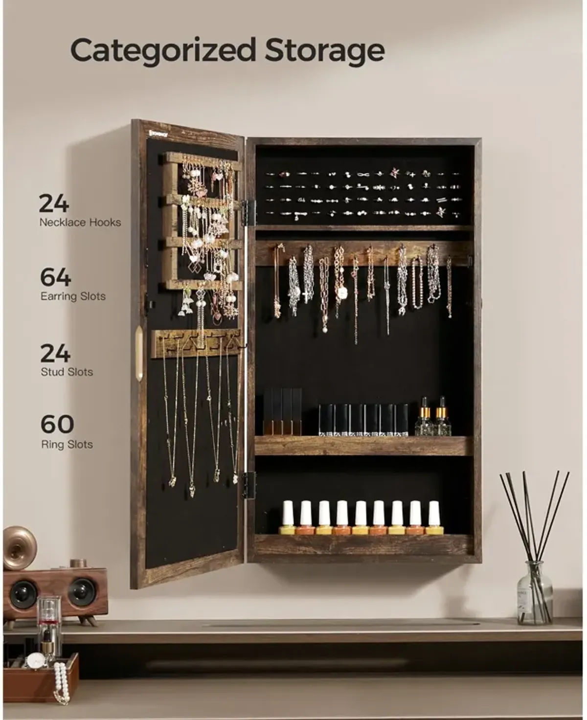 Space-Saving Wall-Mounted Jewelry Cabinet with Mirror and Lock - Rustic Brown Finish