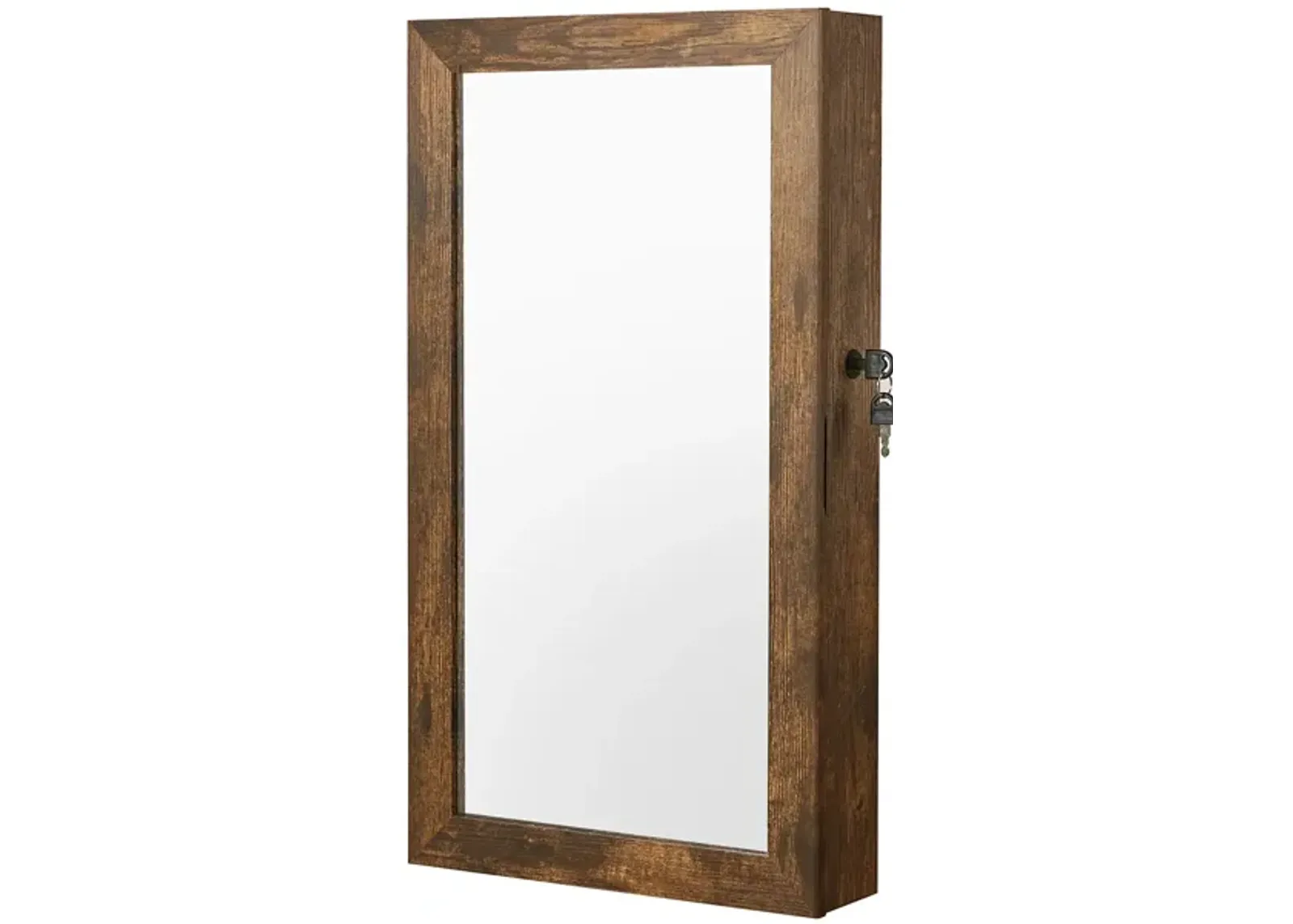 Space-Saving Wall-Mounted Jewelry Cabinet with Mirror and Lock - Rustic Brown Finish