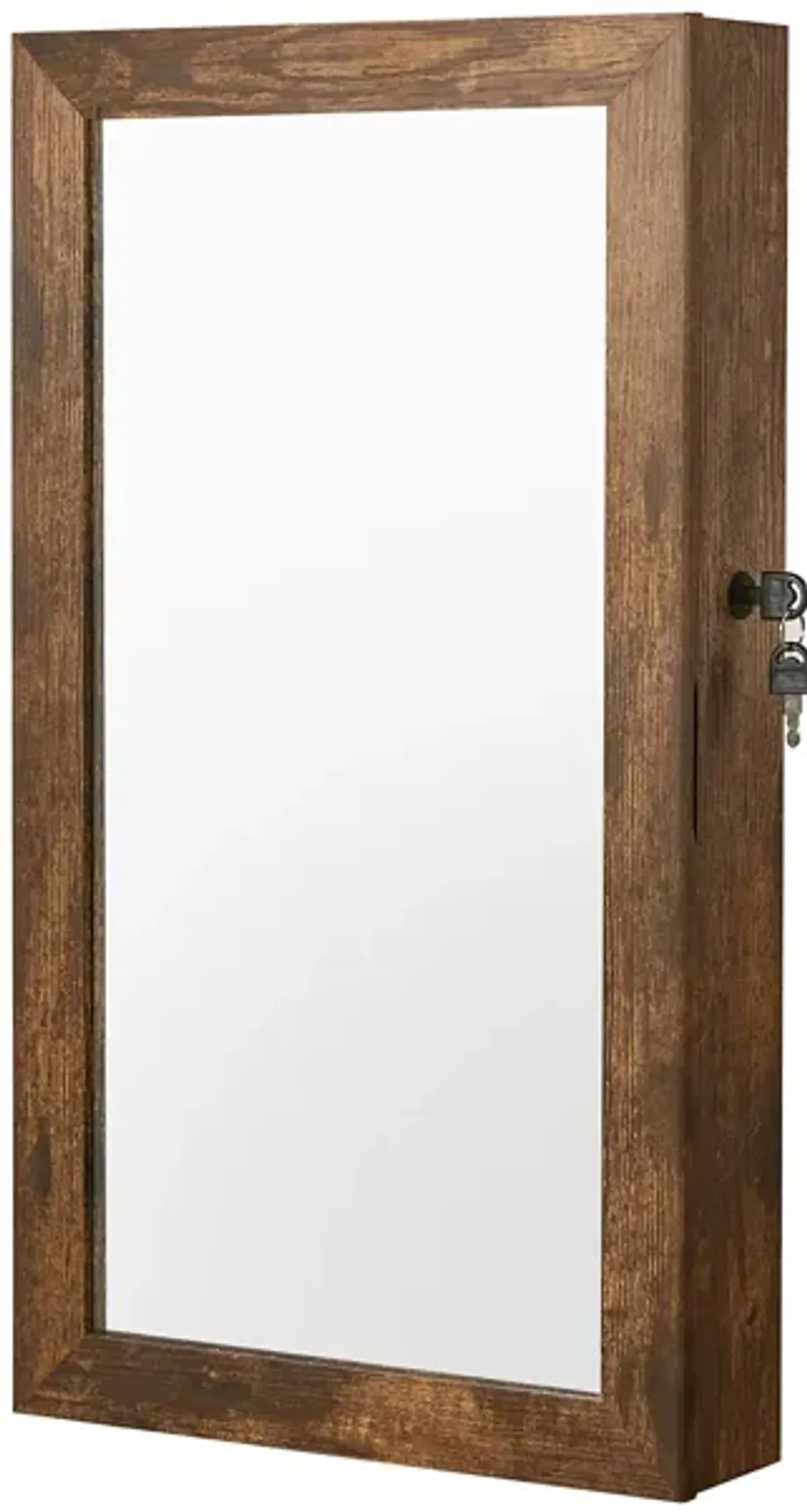 Space-Saving Wall-Mounted Jewelry Cabinet with Mirror and Lock - Rustic Brown Finish