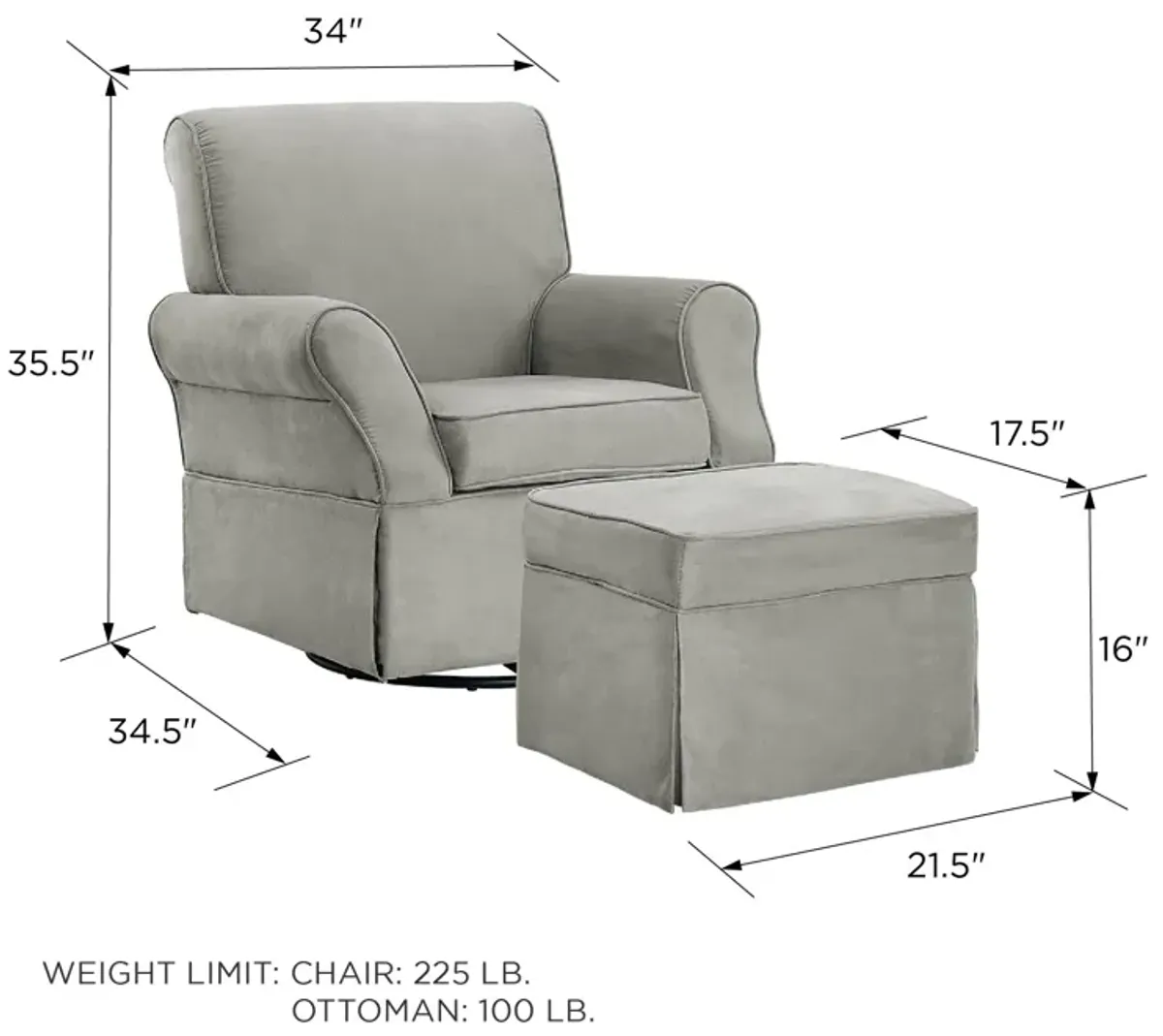 Baby Relax Kelyan Swivel Glider Chair & Ottoman Set, Gray Microfiber