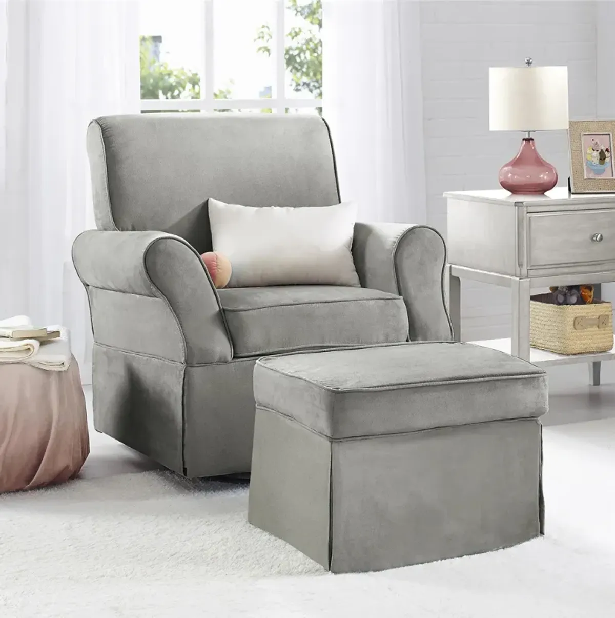 Baby Relax Kelyan Swivel Glider Chair & Ottoman Set, Gray Microfiber