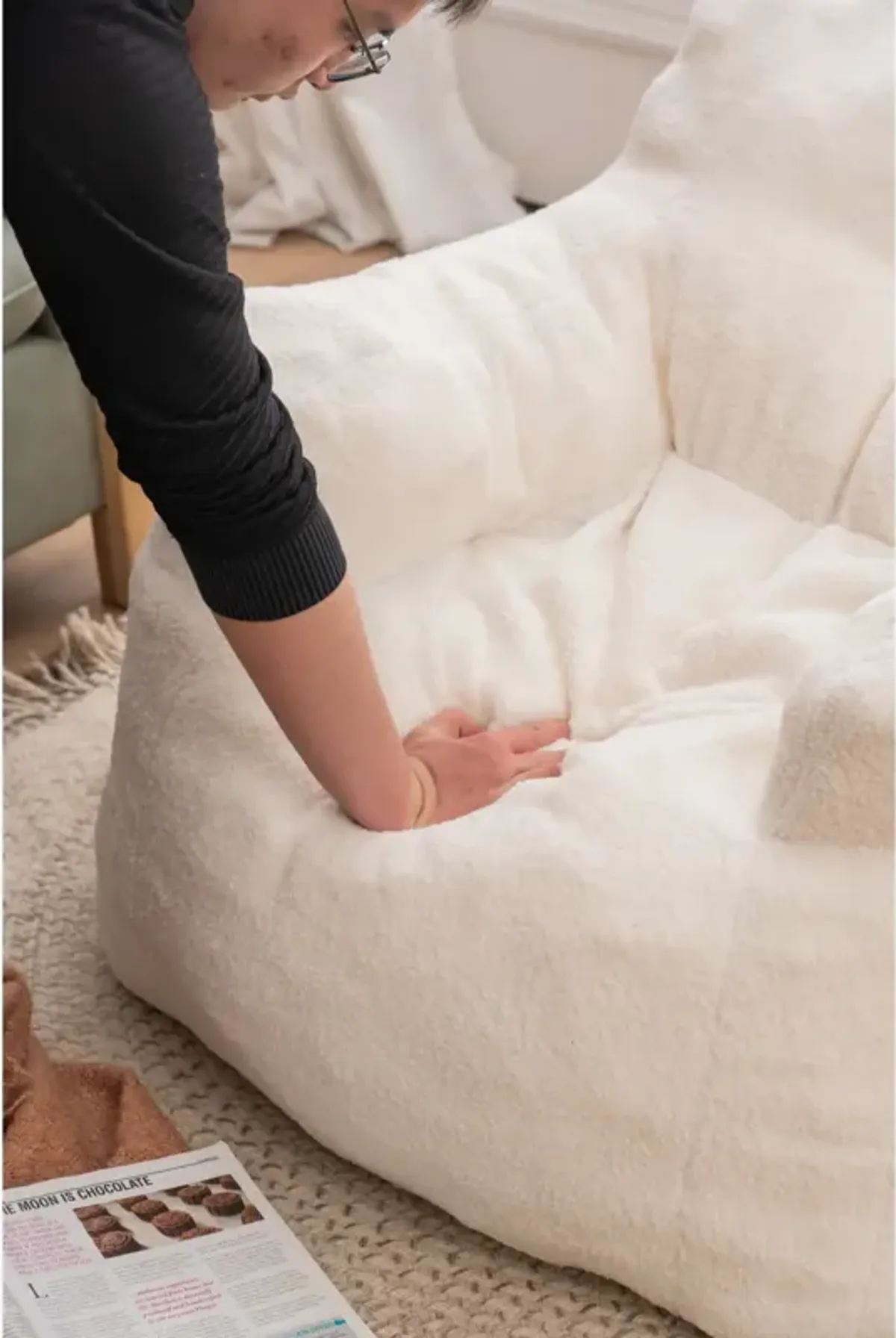 Soft Tufted Foam Bean Bag Chair With Teddy Fabric Ivory White